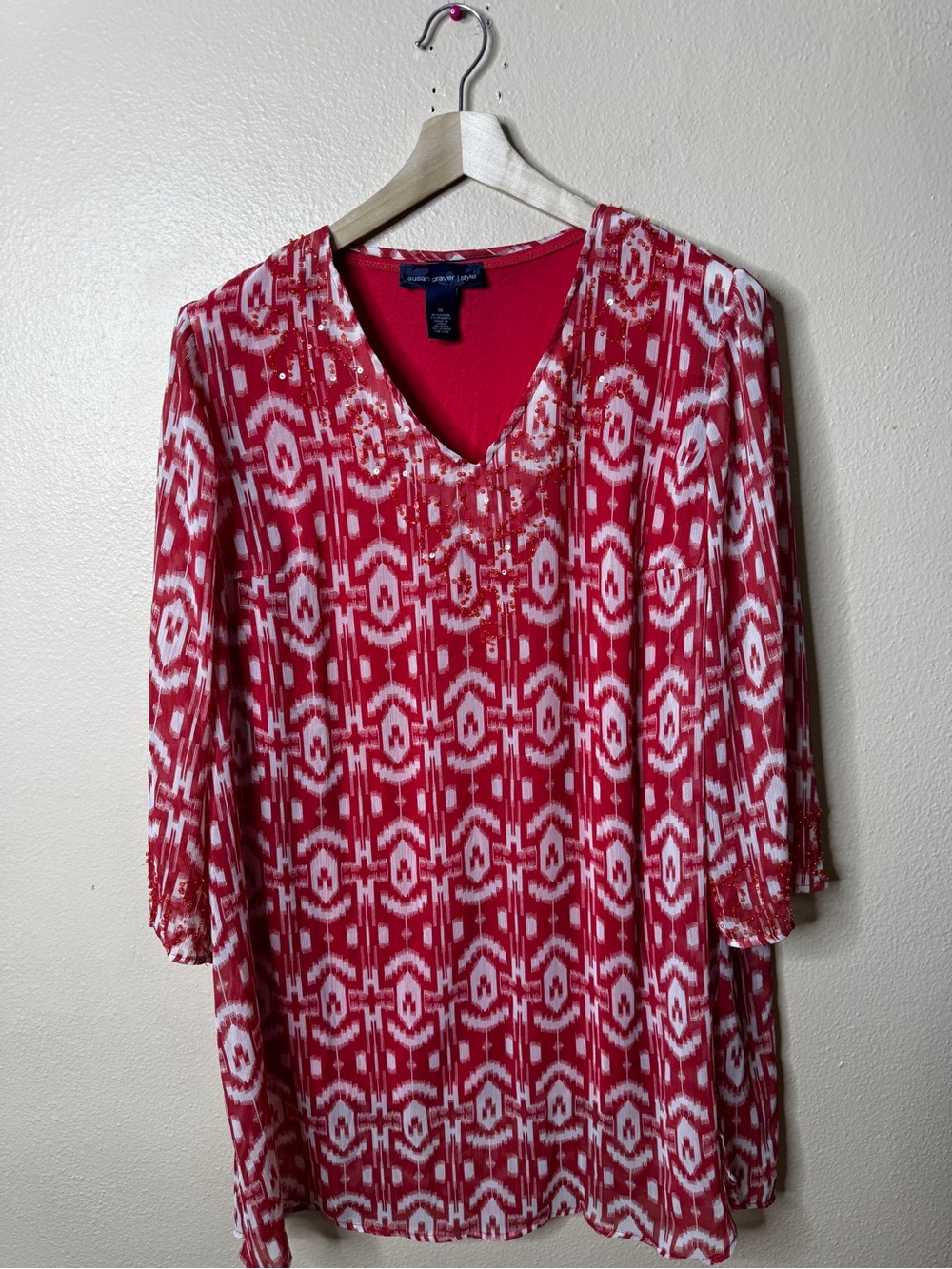 Susan Graver Women’s 1X Red White Ikat Beaded Tunic Blouse with Matching Tank